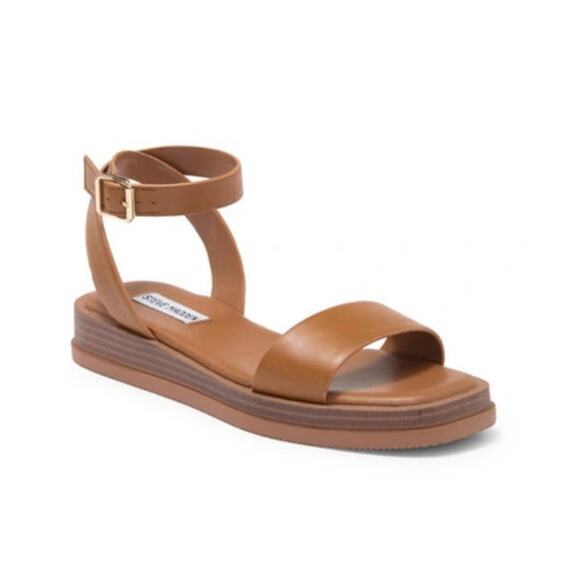Steve Madden 'Tristian' 8.5M Ankle Wrap Cognac Tan Square Toe Sandal - Picture 1 of 8